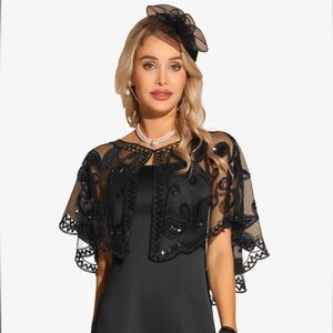 Elegant Sequin Beaded Shawl Black Evening Cape Bolero Shrugs